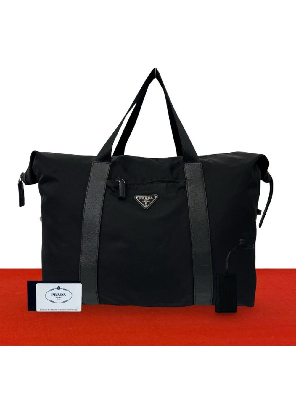 Prada Triangle Logo Tessuto Pocono Nylon Saffiano Leather Boston Bag Black